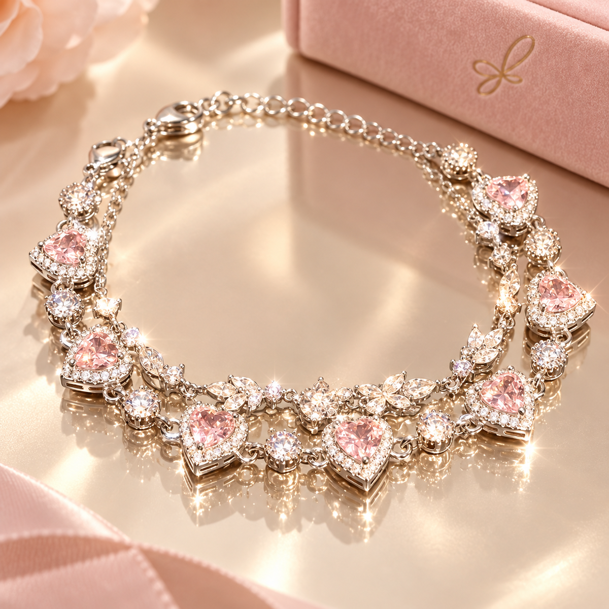 Livenzio® Pink Heart Crystal Charm Bracelet