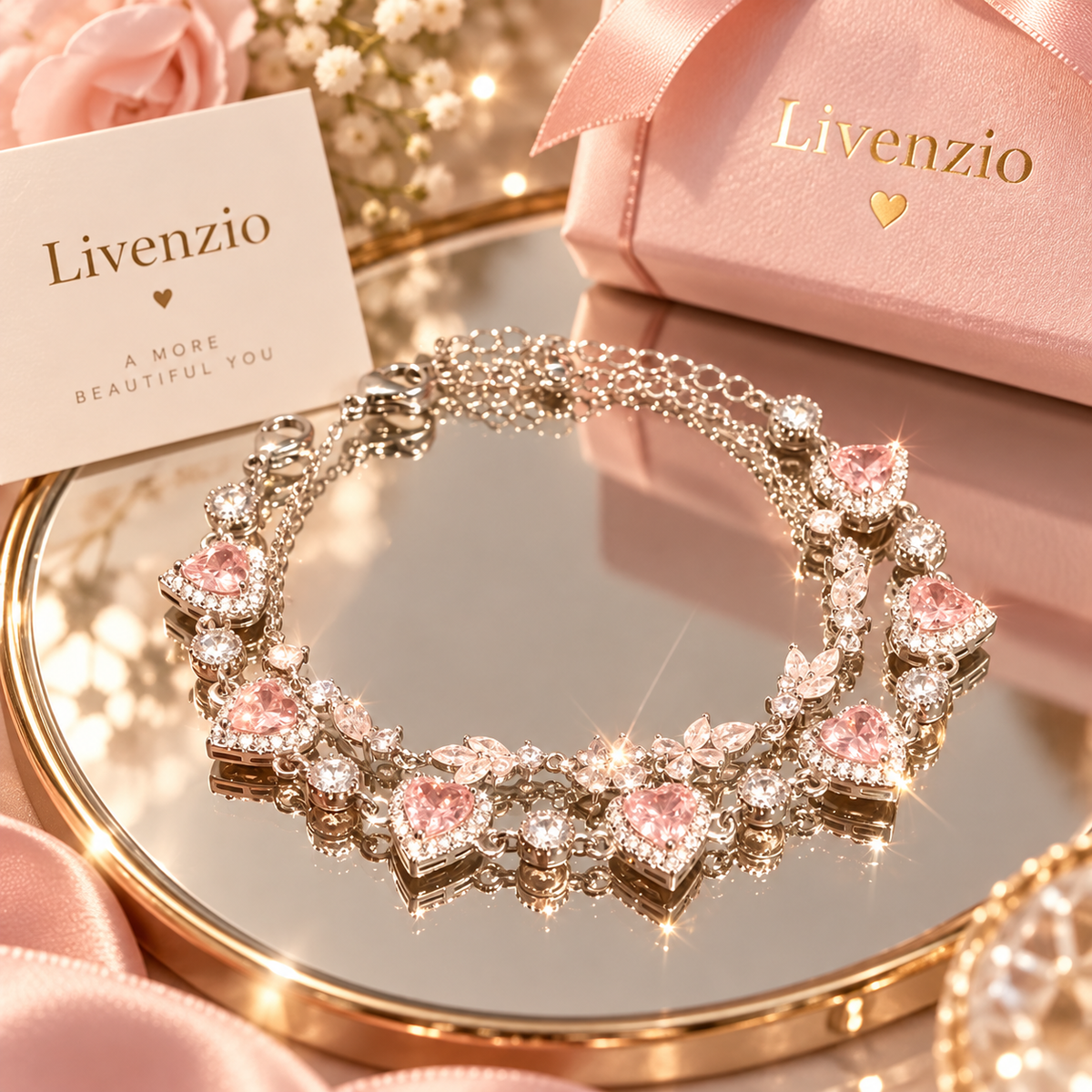 Livenzio® Pink Heart Crystal Charm Bracelet