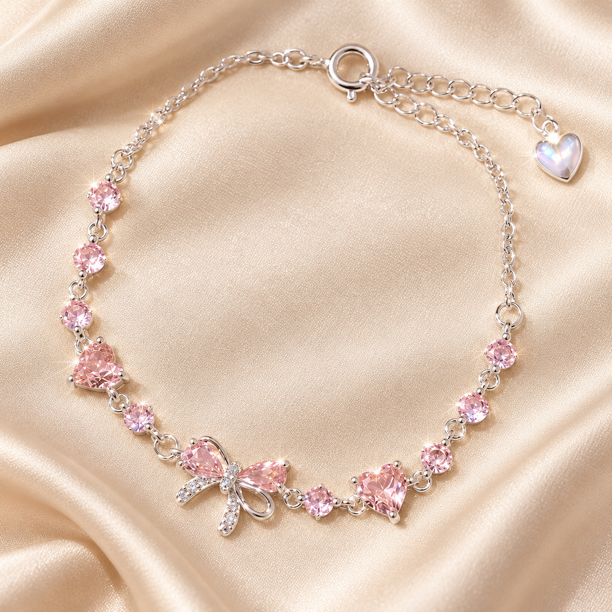Livenzio® Pink Heart Crystal Bow Charm Bracelet