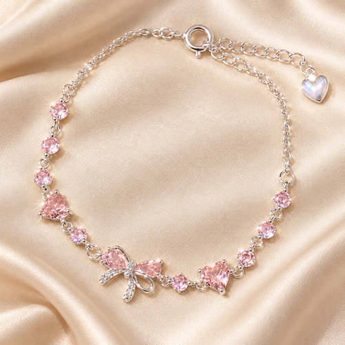 Livenzio® Pink Heart Crystal Bow Charm Bracelet