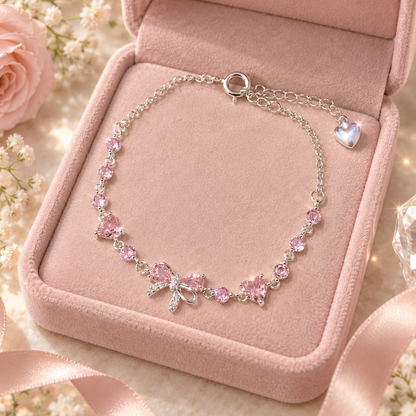 Livenzio® Pink Heart Crystal Bow Charm Bracelet