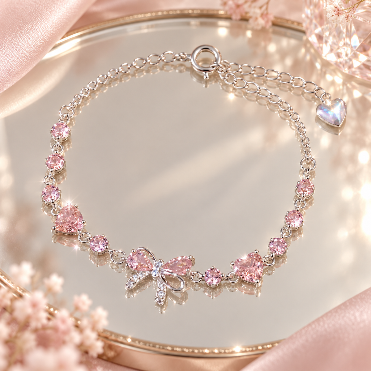 Livenzio® Pink Heart Crystal Bow Charm Bracelet