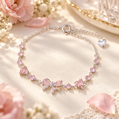 Livenzio® Pink Heart Crystal Bow Charm Bracelet