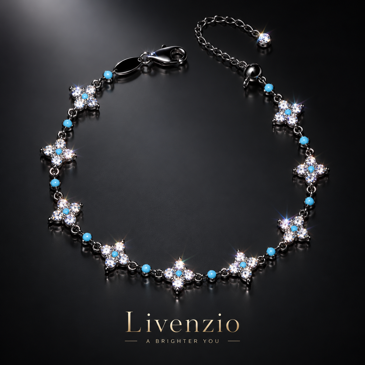 Livenzio® Turquoise Floral Crystal-Style Charm Bracelet