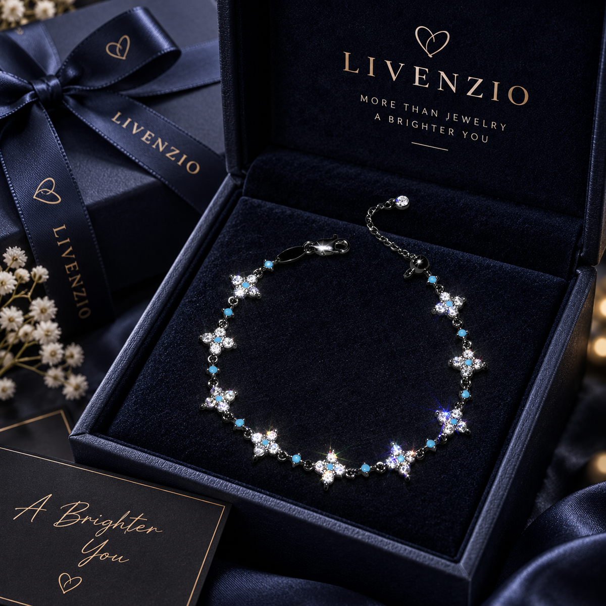 Livenzio® Turquoise Floral Crystal-Style Charm Bracelet