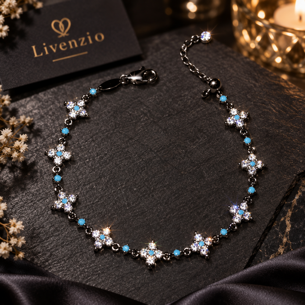 Livenzio® Turquoise Floral Crystal-Style Charm Bracelet