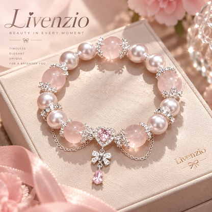 Livenzio® Pink Pearl & Heart Crystal Charm Bracelet