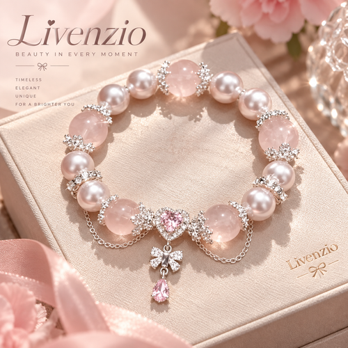 Livenzio® Pink Pearl & Heart Crystal Charm Bracelet