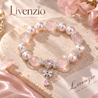 Livenzio® Pink Pearl & Heart Crystal Charm Bracelet