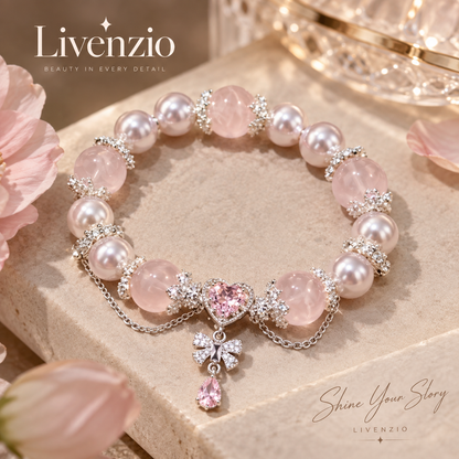 Livenzio® Pink Pearl & Heart Crystal Charm Bracelet