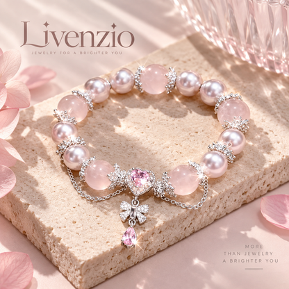 Livenzio® Pink Pearl & Heart Crystal Charm Bracelet