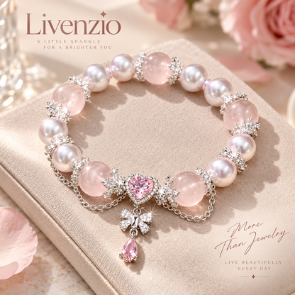 Livenzio® Pink Pearl & Heart Crystal Charm Bracelet