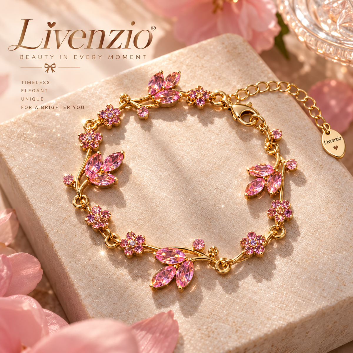Livenzio® Pink Crystal Floral Vine Bracelet