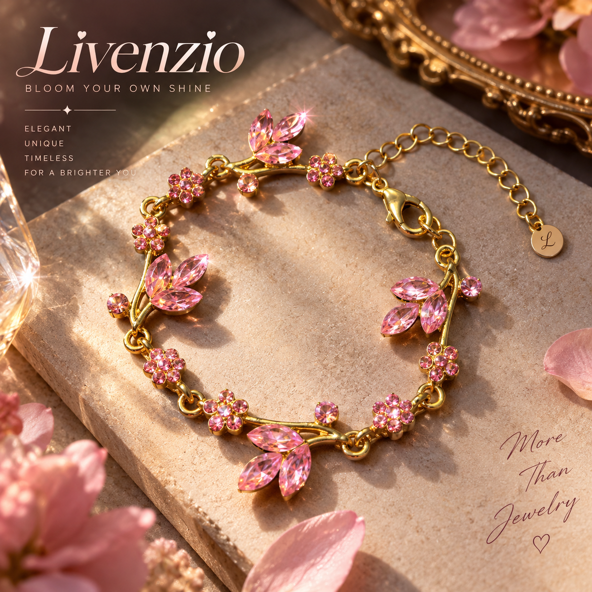 Livenzio® Pink Crystal Floral Vine Bracelet