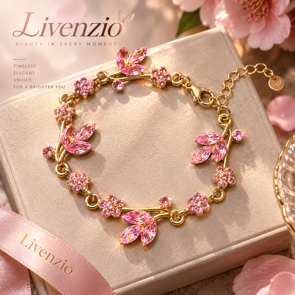 Livenzio® Pink Crystal Floral Vine Bracelet