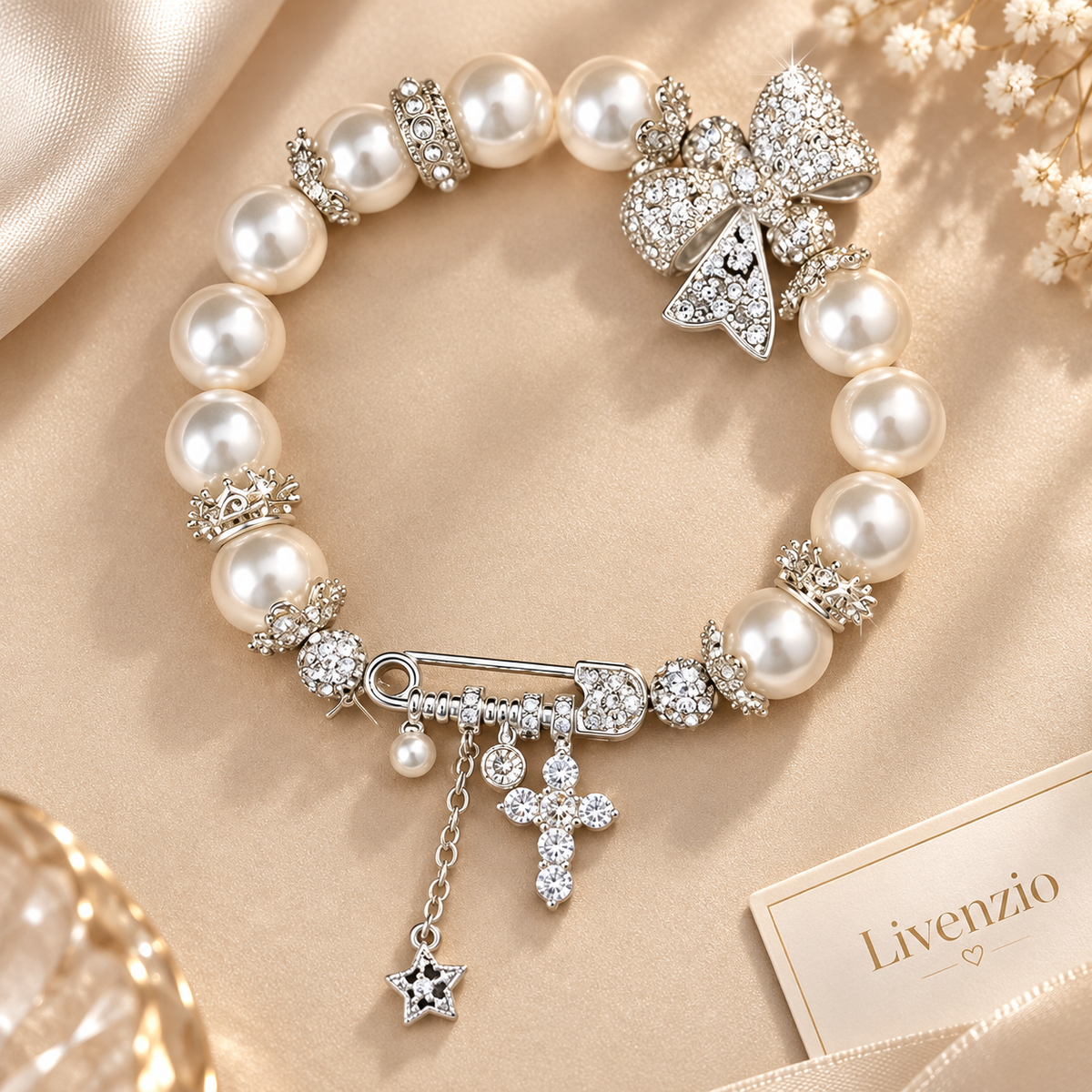 Livenzio® Pearl Bow Crystal Charm Bracelet
