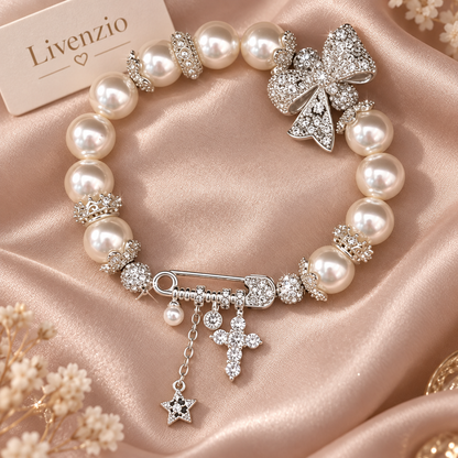 Livenzio® Pearl Bow Crystal Charm Bracelet