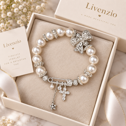 Livenzio® Pearl Bow Crystal Charm Bracelet