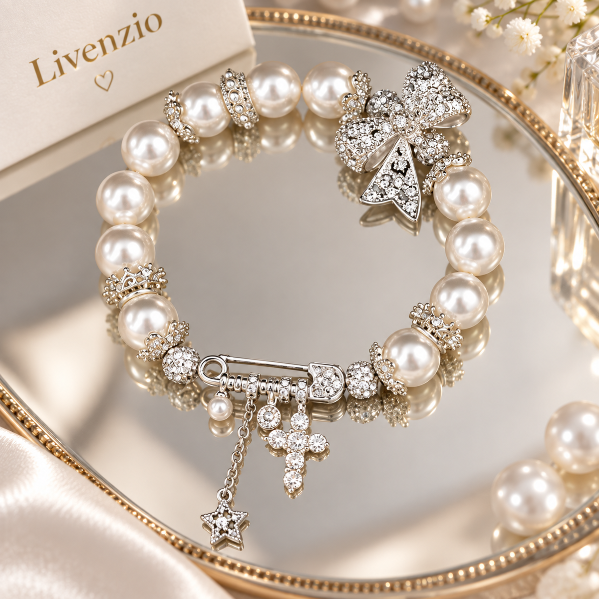Livenzio® Pearl Bow Crystal Charm Bracelet