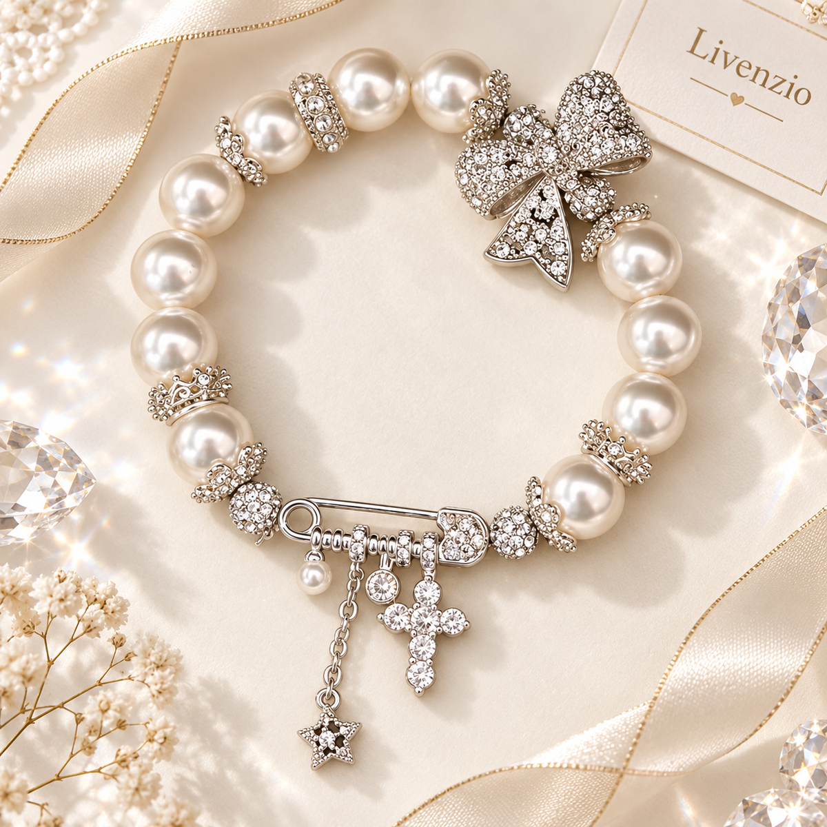 Livenzio® Pearl Bow Crystal Charm Bracelet