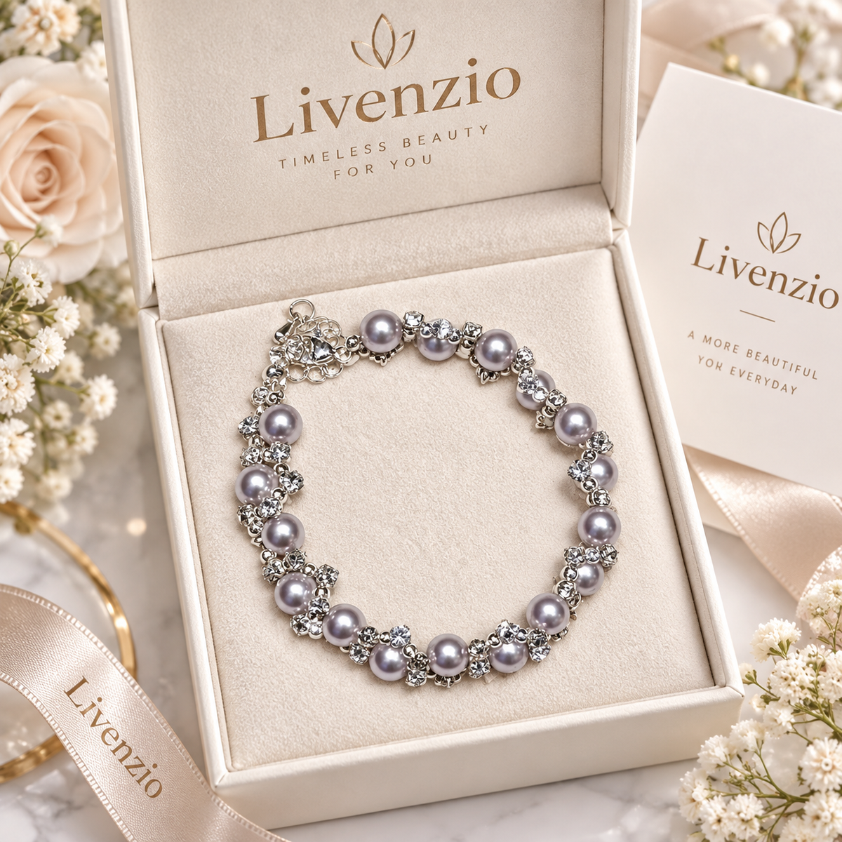 Livenzio® Lavender Pearl & Crystal-Style Bracelet