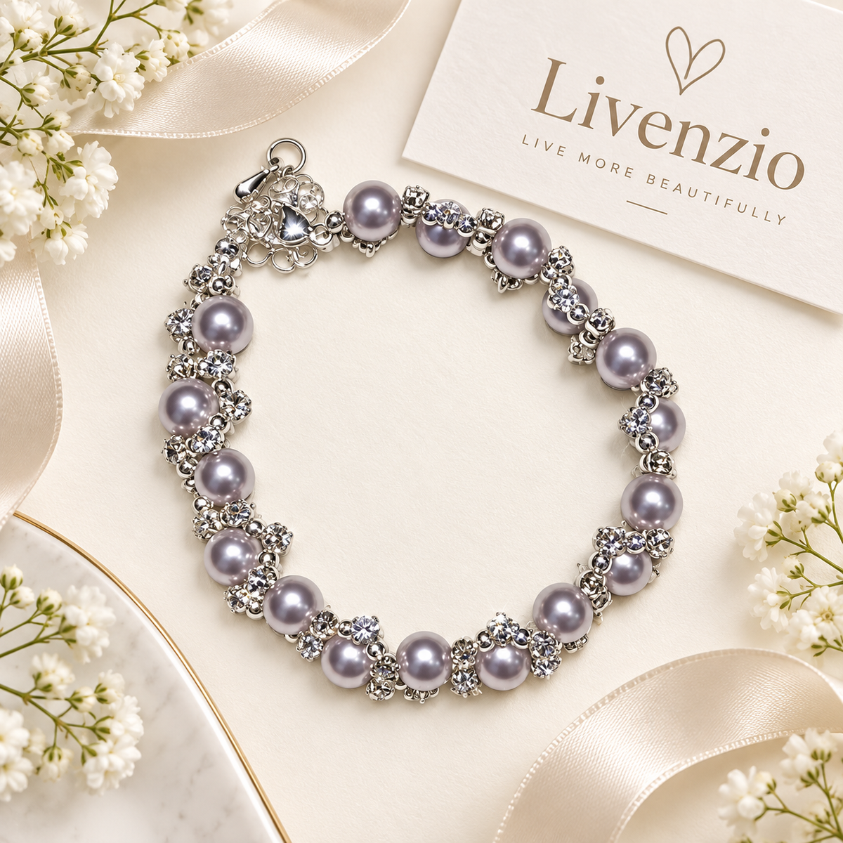 Livenzio® Lavender Pearl & Crystal-Style Bracelet