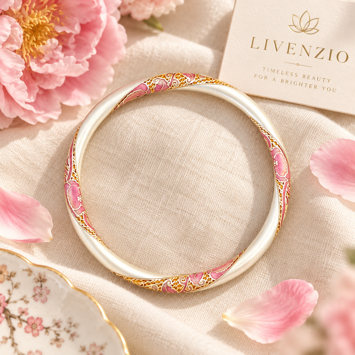 Livenzio® Pink Floral Enamel Bangle Bracelet