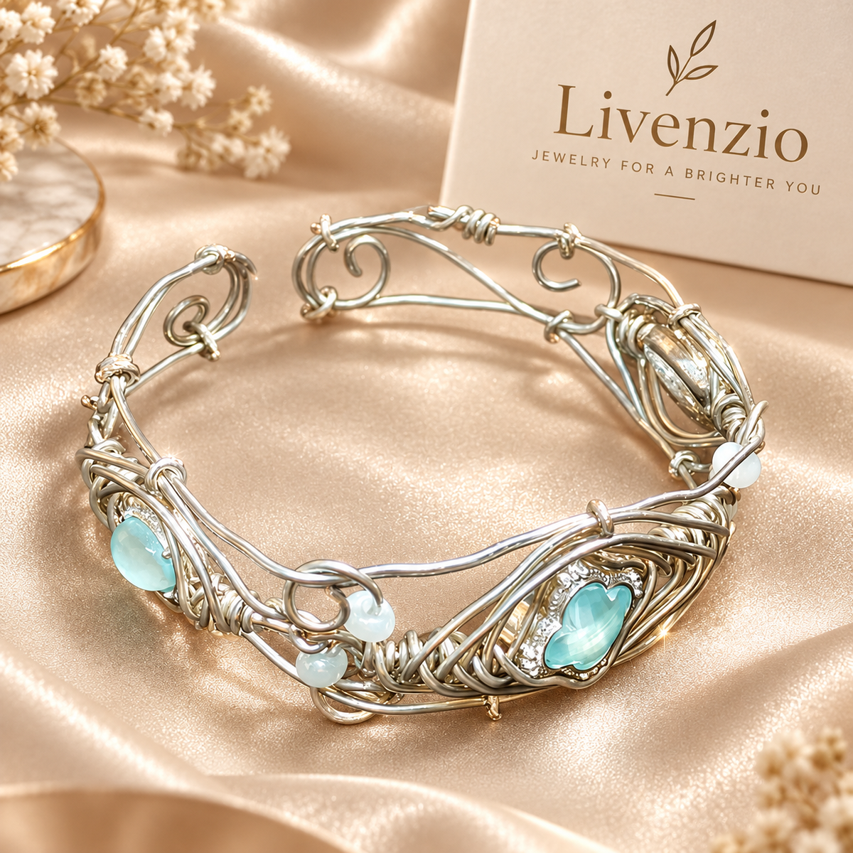 Livenzio® Aqua Heart Wire-Wrapped Bangle Bracelet
