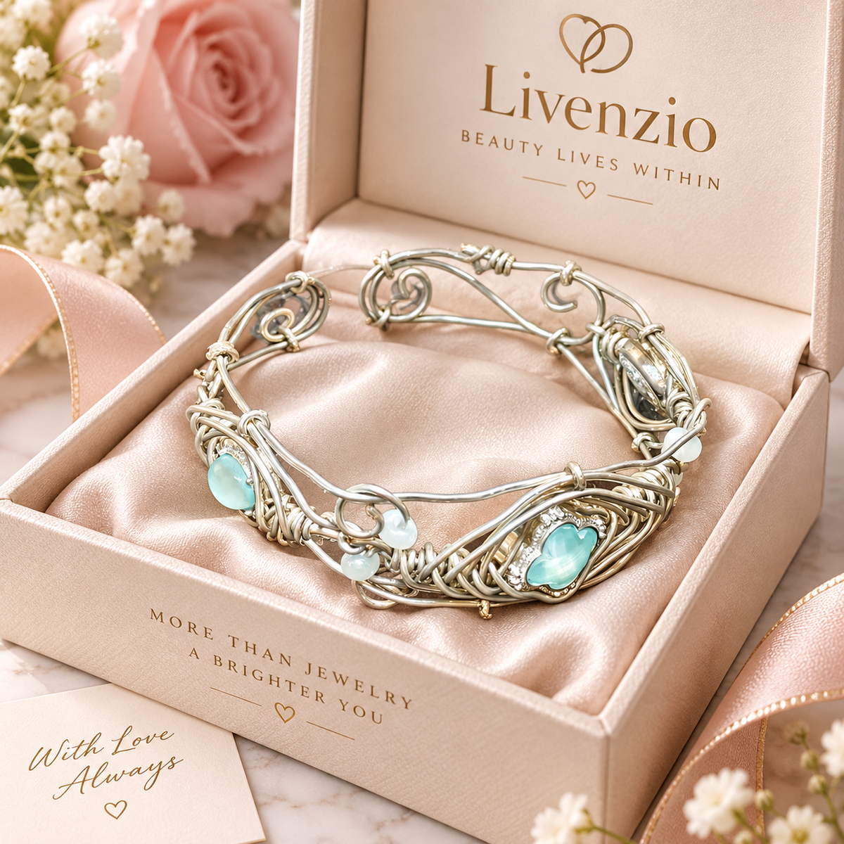 Livenzio® Aqua Heart Wire-Wrapped Bangle Bracelet