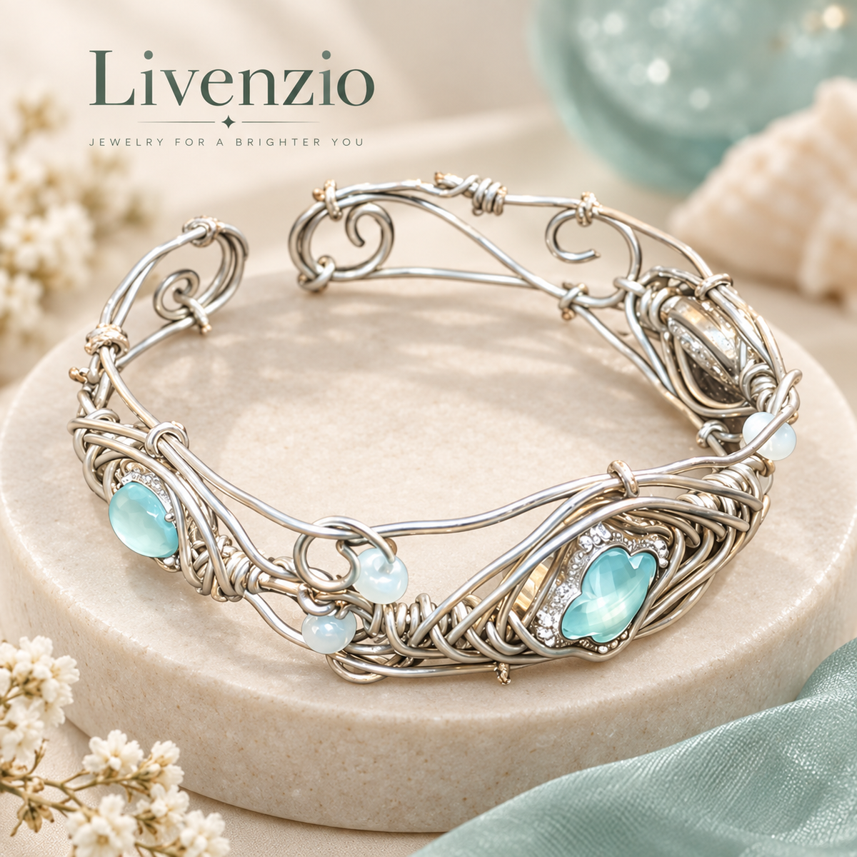 Livenzio® Aqua Heart Wire-Wrapped Bangle Bracelet