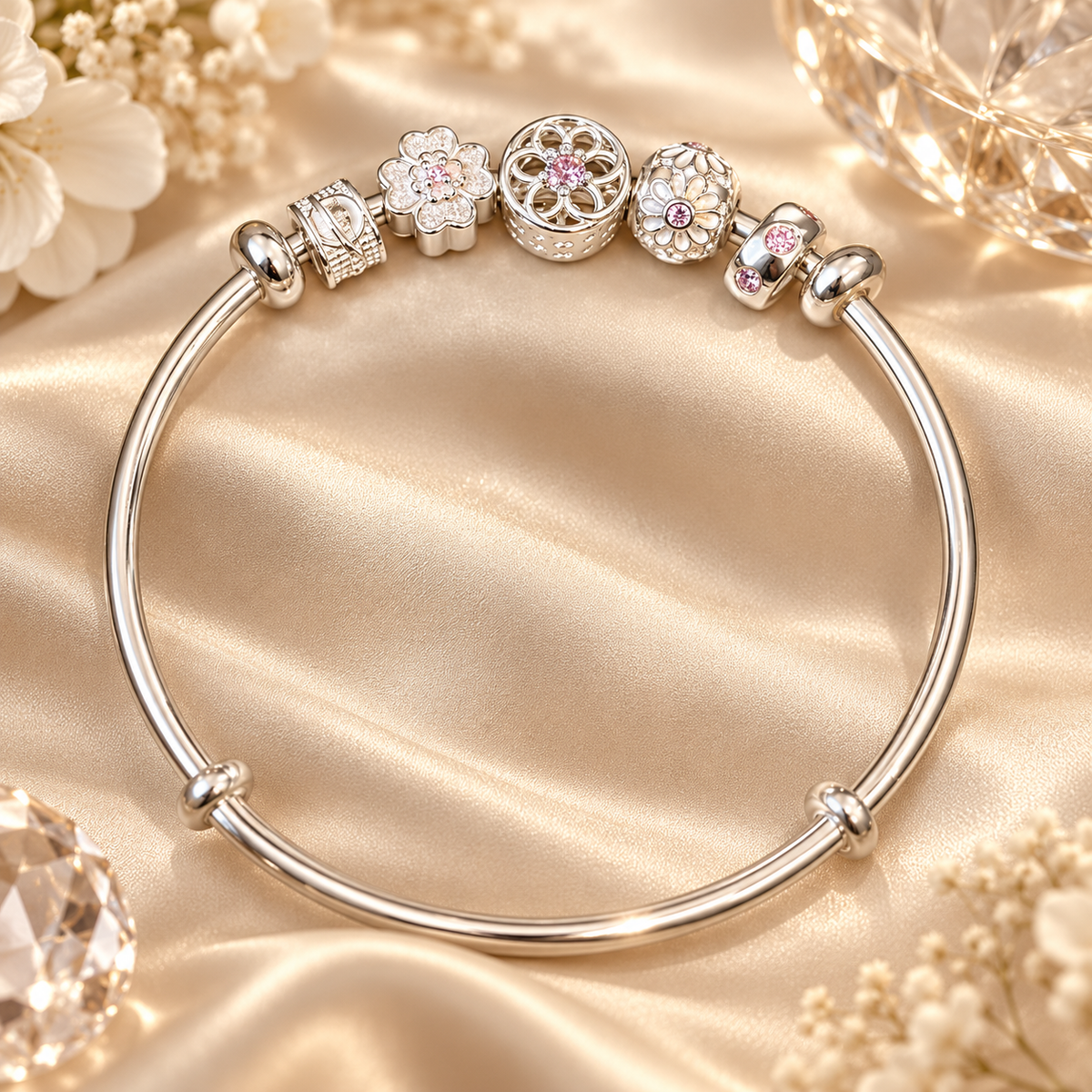 Livenzio® Floral Charm Silver-Tone Bangle Bracelet