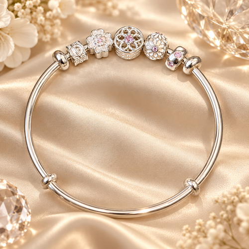 Livenzio® Floral Charm Silver-Tone Bangle Bracelet
