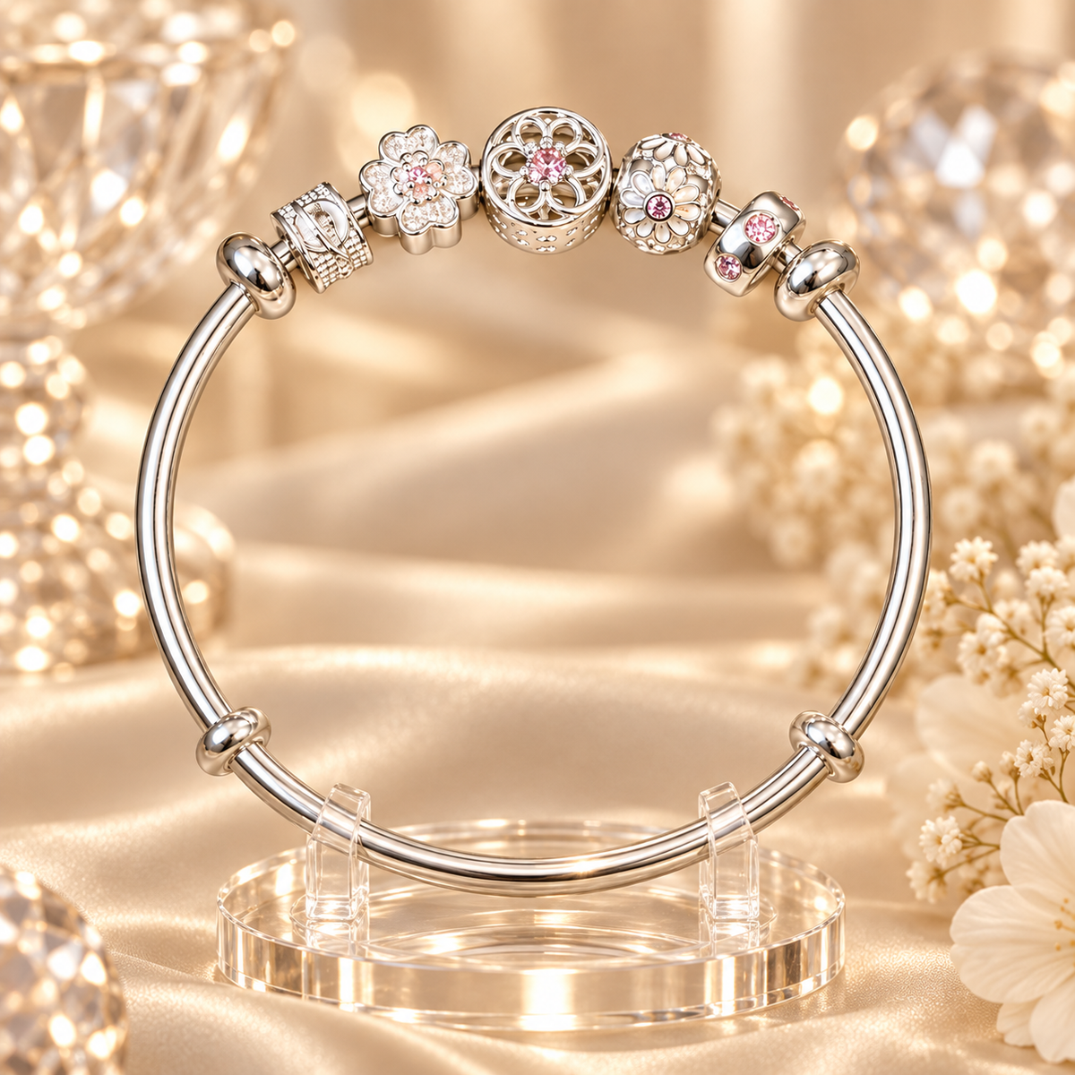 Livenzio® Floral Charm Silver-Tone Bangle Bracelet