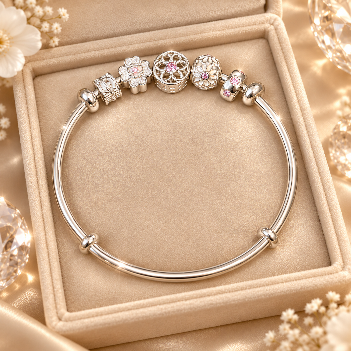 Livenzio® Floral Charm Silver-Tone Bangle Bracelet