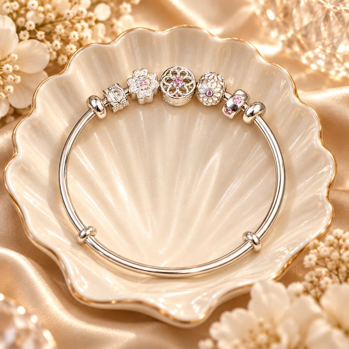 Livenzio® Floral Charm Silver-Tone Bangle Bracelet