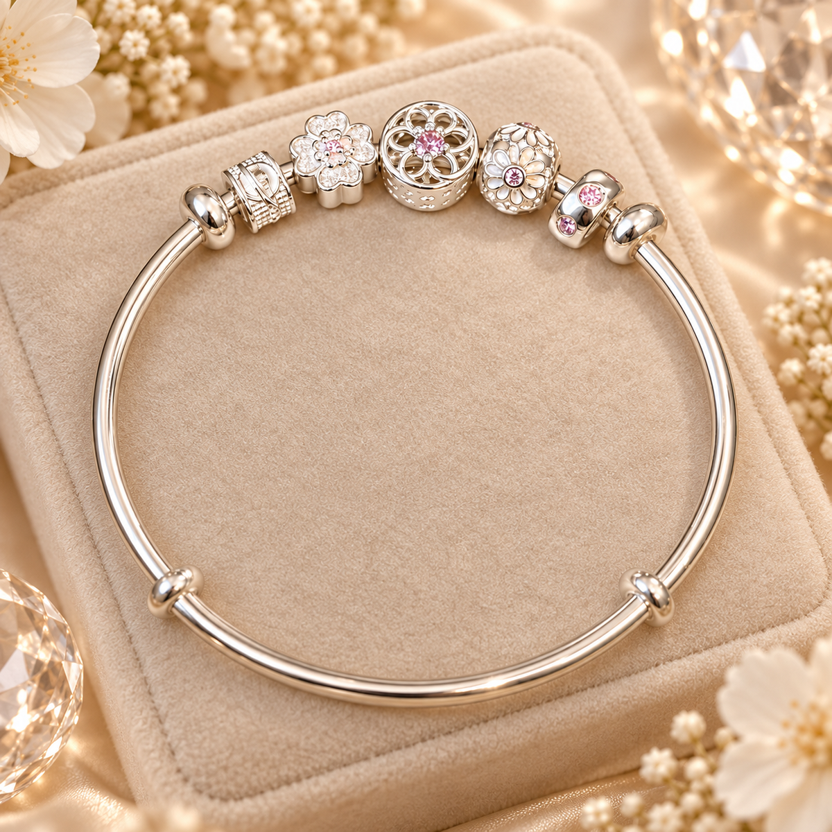 Livenzio® Floral Charm Silver-Tone Bangle Bracelet