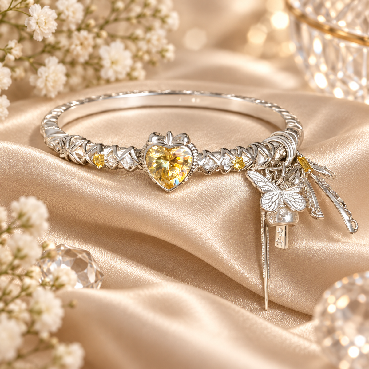 Livenzio® Yellow Heart Crystal Butterfly Charm Bangle Bracelet