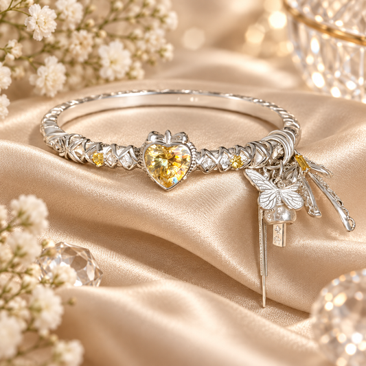 Livenzio® Yellow Heart Crystal Butterfly Charm Bangle Bracelet
