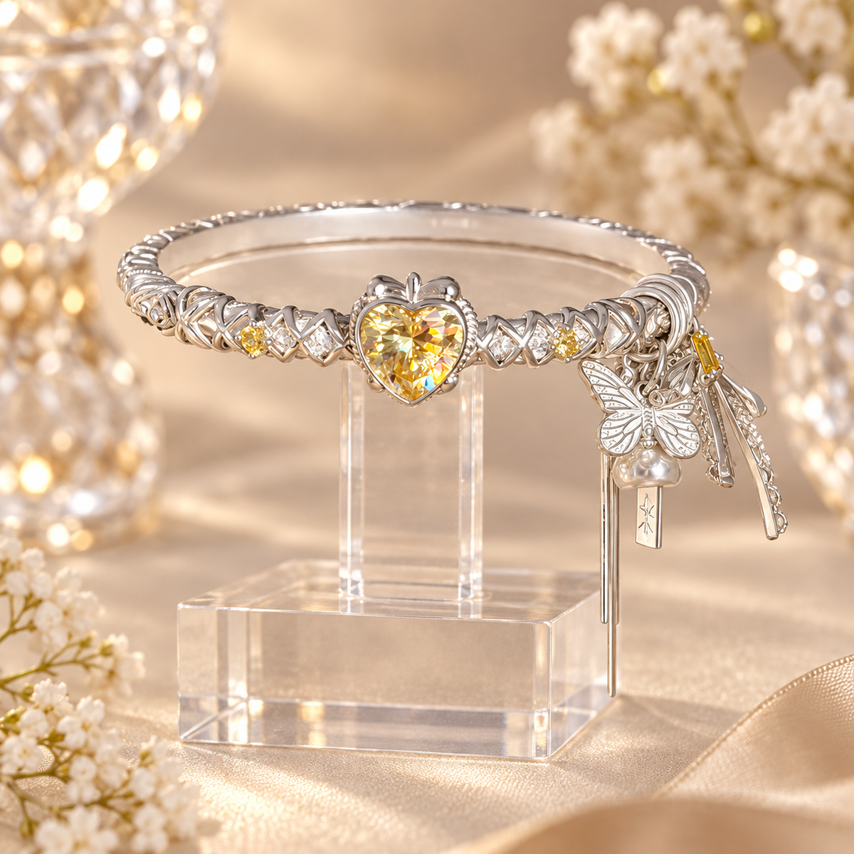 Livenzio® Yellow Heart Crystal Butterfly Charm Bangle Bracelet