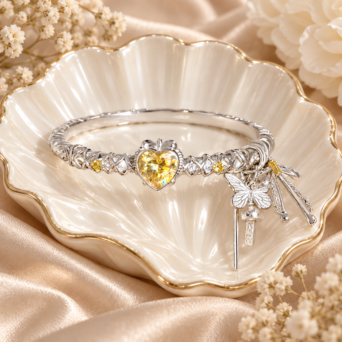 Livenzio® Yellow Heart Crystal Butterfly Charm Bangle Bracelet