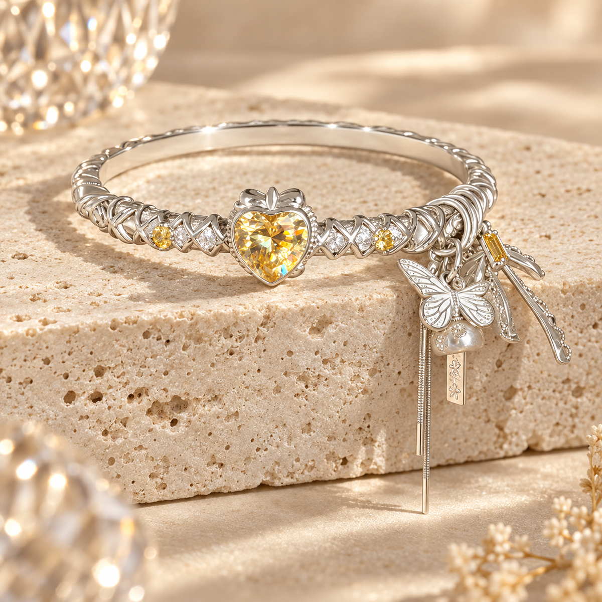 Livenzio® Yellow Heart Crystal Butterfly Charm Bangle Bracelet