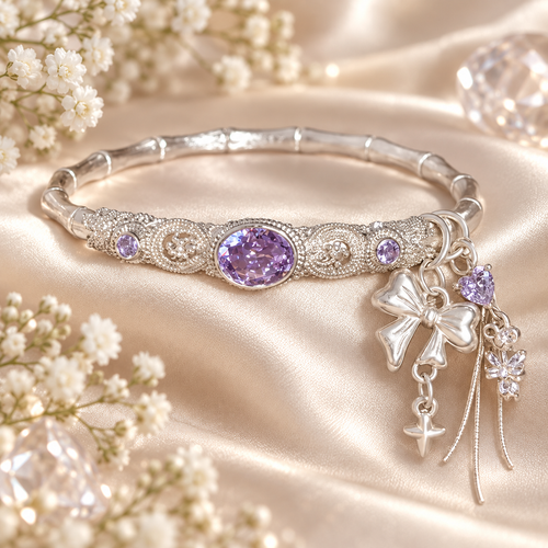 Livenzio® Purple Crystal Bow Charm Bangle Bracelet