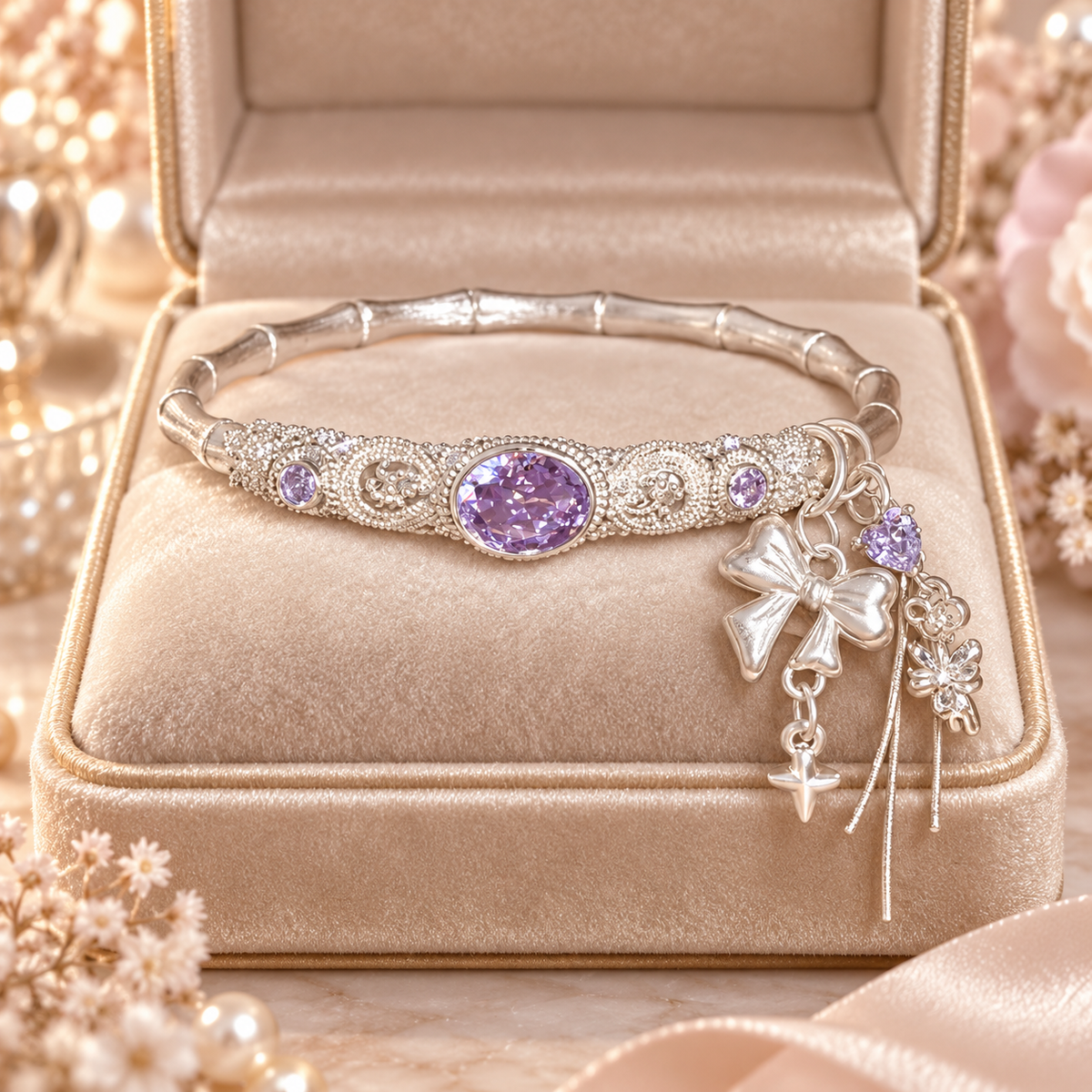 Livenzio® Purple Crystal Bow Charm Bangle Bracelet