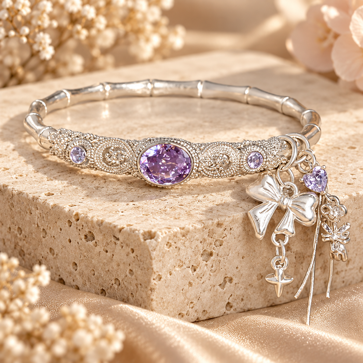 Livenzio® Purple Crystal Bow Charm Bangle Bracelet