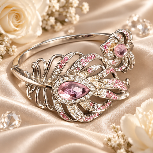 Livenzio® Pink Crystal Floral Statement Bangle Bracelet