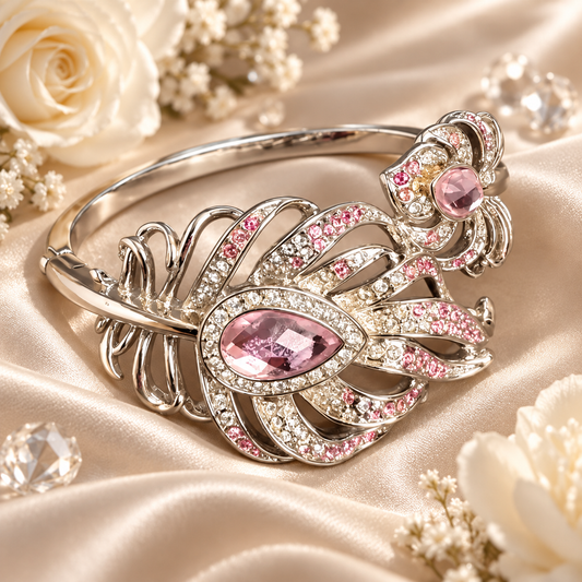 Livenzio® Pink Crystal Floral Statement Bangle Bracelet