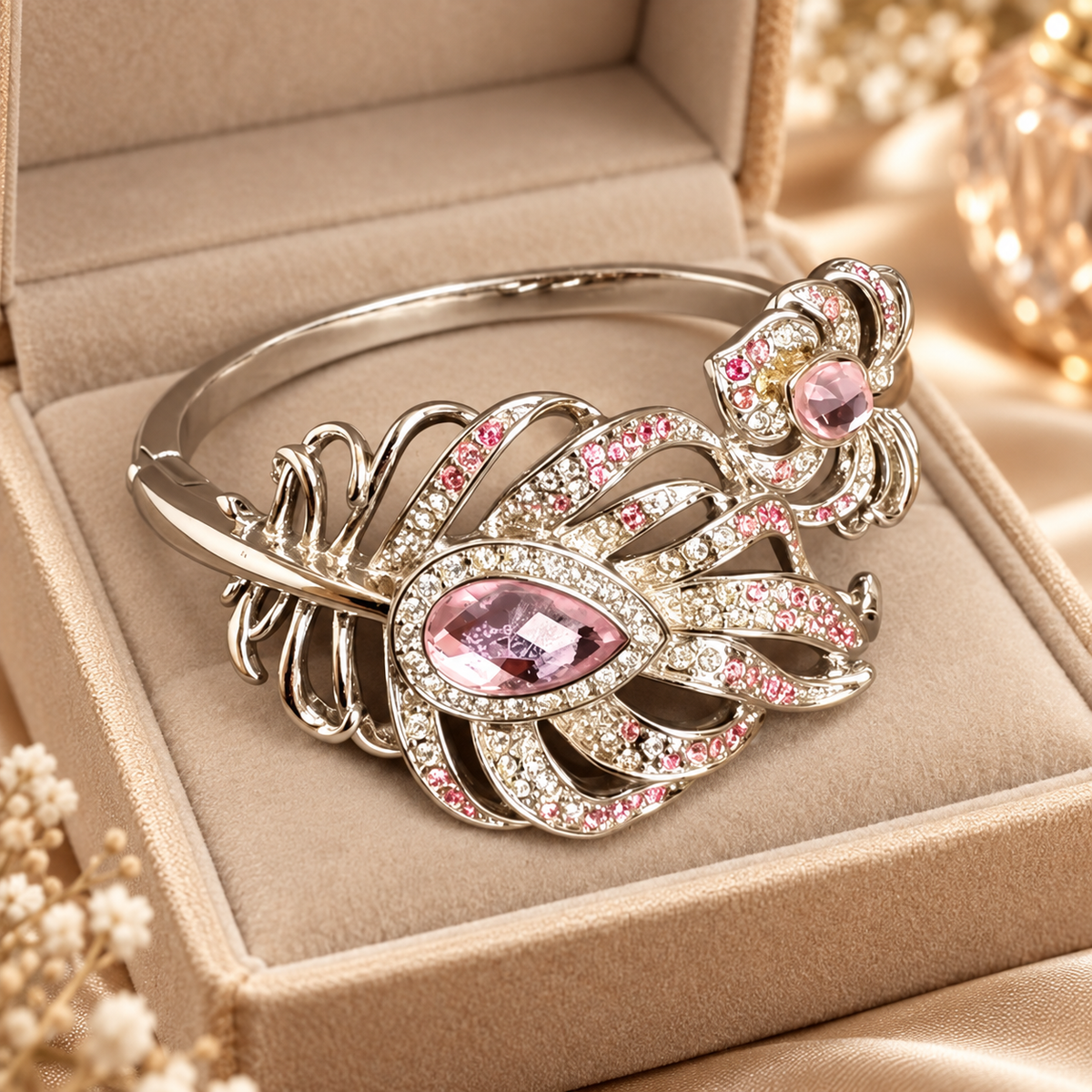 Livenzio® Pink Crystal Floral Statement Bangle Bracelet