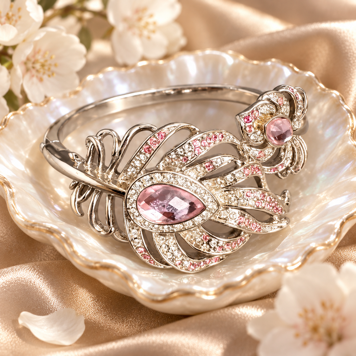 Livenzio® Pink Crystal Floral Statement Bangle Bracelet