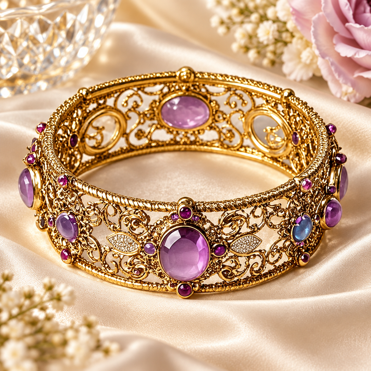 Livenzio® Vintage Purple Crystal Filigree Bangle Bracelet