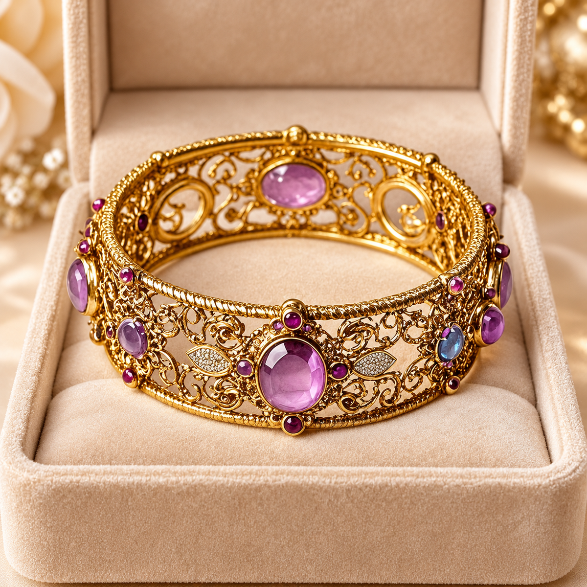Livenzio® Vintage Purple Crystal Filigree Bangle Bracelet